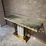 Green Marble Console Table with Curved Stainless Steel Frame and Patterned Leather Pillar
